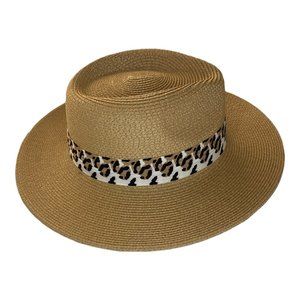 NEW FURTALK Khaki/Leopard Wide Brim Straw UPF Beach Sun Hat Size M